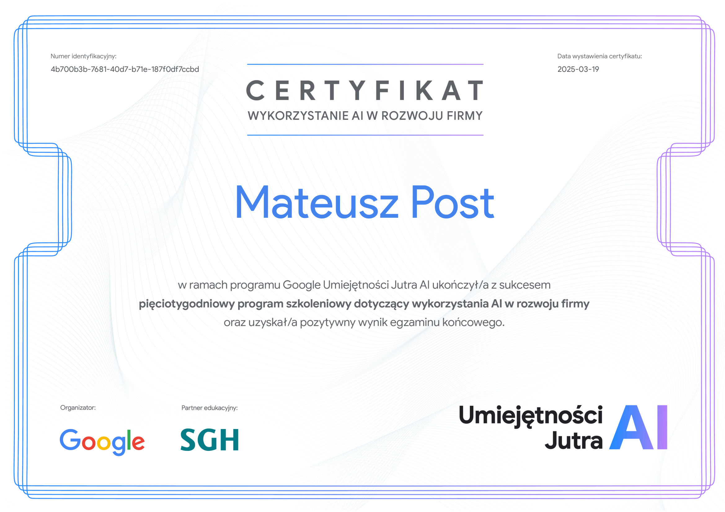 Certyfikat Google Wykorzystanie AI w firmie Mateusz Post